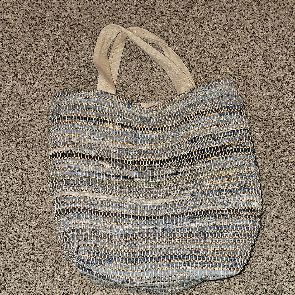 Woven Blue And Silver Chindi Rag Rug Style Tote Bag